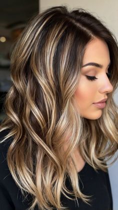 🌟🎀 Timeless Fall Hair Color Trends Dark Brown Hair with Blonde Ideas | Refined Signature Dark Brown Light Brown And Blonde Hair, Dark Color With Highlights, Hair Color Brown With Blonde Highlights, Ladies Hair Colour Ideas, Women Fall Hair Color, Hair Highlights Blonde And Brown, Brown Medium Length Hair With Highlights, Brown Hair With Cool Blonde Highlights, Full Hair Highlights