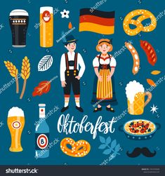 oktoflest with beer, pretzels and people in traditional german costumes