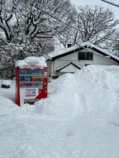 a pile of snow sitting in front of a house next to a fire hydrant