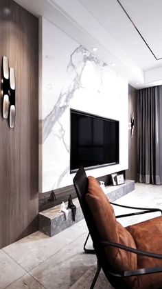 a modern living room with marble walls and flooring, leather chair, flat screen tv on the wall