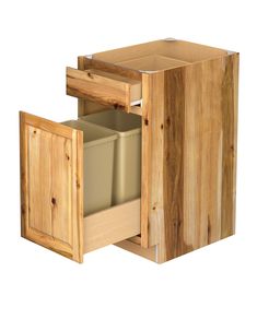 a wooden cabinet with an open drawer and two trash cans in the bottom compartment,