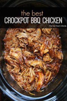 the best crockpot bbq chicken recipe in a slow cooker with text overlay