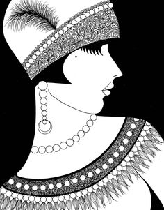 a black and white drawing of a woman wearing a hat with feathers on her head