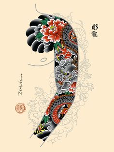 Ryu with peonies (left side) Tato Joker, Traditional Japanese Tattoo Sleeve, Tatoo 3d, Japanese Snake Tattoo, Tiger Tattoo Sleeve, Dragon Sleeve, Samurai Tattoo Design