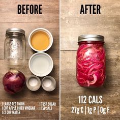 two pictures side by side showing how to make pickled onions in mason jars with ingredients labeled before and after