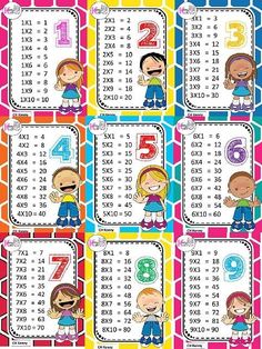 a set of four children's place value mats with numbers and cartoon characters on them