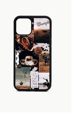 a cell phone case with pictures and words on the back, featuring an image of a cowboy