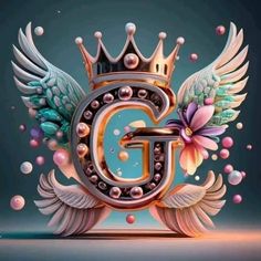 the letter g is surrounded by wings and flowers, with pearls on it's sides