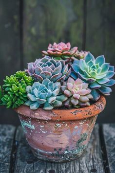 a potted plant with green and pink succulents in it on a wooden table