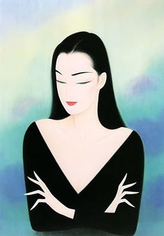 a painting of a woman with long black hair and eyes closed, wearing a black dress