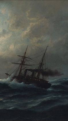 a painting of a ship in rough seas