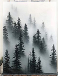 a black and white photo of pine trees in the foggy forest on a canvas