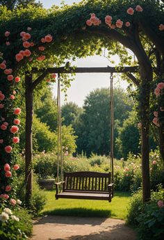 a wooden swing in the middle of a garden with pink flowers on it and greenery