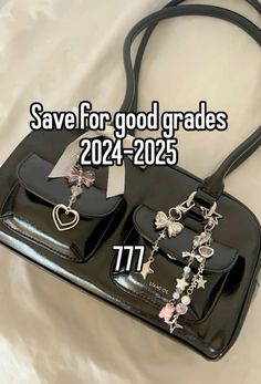 a black purse sitting on top of a bed next to a white sheet with the words save for good gradees 2012 - 205