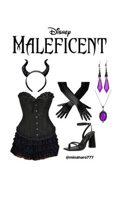 an image of a woman's outfit and accessories for maleficent day at disney world