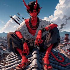 a man sitting on top of a roof with red demon hair and horns around his neck