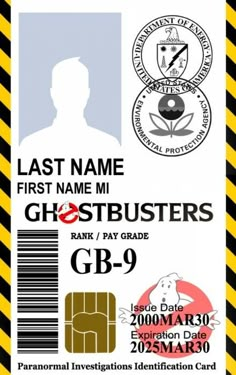 an id card with the words ghostbusters and a man's face on it