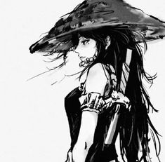 a black and white drawing of a woman with long hair wearing a large hat on her head