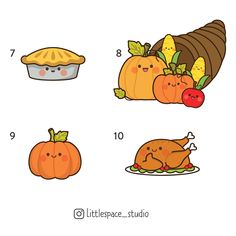 the thanksgiving turkey and other food items are shown in this drawing lesson for children to learn how