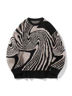 Men's Crew Neck Geometric Jacquard Knit Sweater - AnotherChill Pull Oversize, Pullover Mode, Vintage Pullovers, Sweater Oversize, Estilo Chic, Japanese Streetwear, Aesthetic Women, Jacquard Knit, Pop Punk