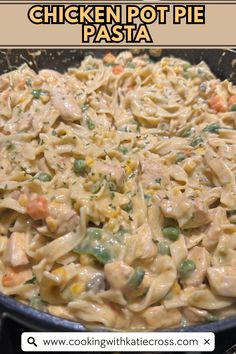 chicken pot pie pasta in a skillet with text overlay