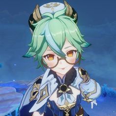 an anime character with green hair and glasses in front of a blue sky, holding her hands on her hips