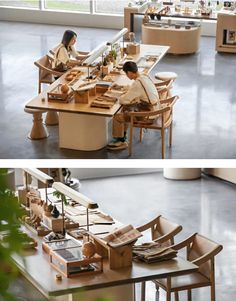 two pictures of people working at desks in an office with open shelves on the wall