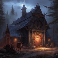 a painting of a house in the middle of a forest with a light at the entrance