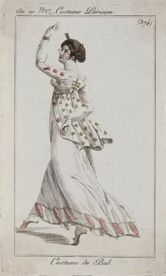 History of fashion. 1801 Fashionable ladies’ costume for a ball. A sheet from the magazine “Costume Parisien”. Regency Fashion Women, History Fashion