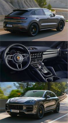 the interior and dashboard of a porsche cayenne, shown in three different views