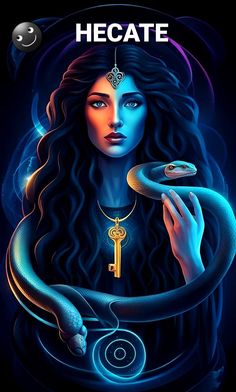 a woman holding a snake in her hand with the words hecate on it's side