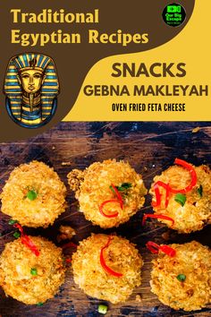 the cover of traditional egyptian recipes by geena makleahh, with five fried meat patties