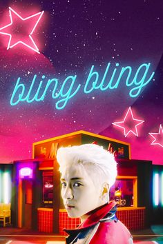 a person with white hair standing in front of a neon sign that reads, bring bling