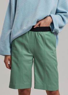 Loulou Studio Piren Leather Bermuda Shorts - Green Shorts Loulou Studio Leather Bermuda Shorts, Split Front Skirt, Paris Store, Loulou Studio, Female Torso, Denim Suit, Fashion Forms, Frankie Shop, Paris Woman