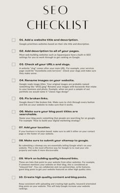a checklist is shown in black and white, with the words'seo checklist '