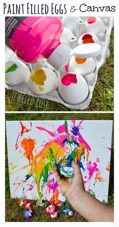 an egg carton filled with painted eggs and the words, how to paint easter eggs and canvass