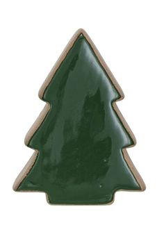 a green ceramic christmas tree ornament on a white background with a brown border