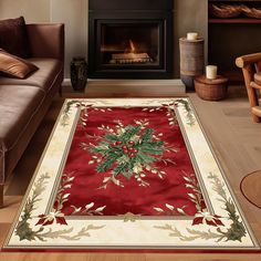 a living room filled with furniture and a fire place covered in christmas decorations on top of a red rug