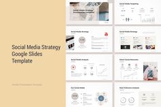 the social media strategy google slides template is shown in white and beige colors, along with several