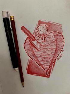 a drawing of a heart with a knife in it and a pen next to it