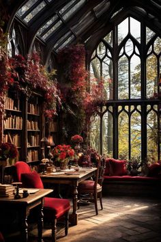 a room filled with lots of books and furniture next to a window covered in plants