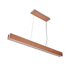 a suspended light fixture with wooden planks and white cord hanging from it's end