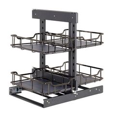 a three tiered metal rack with multiple trays on each side and one shelf attached to the other