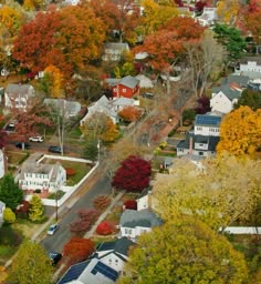 an aerial view of houses and trees in autumn