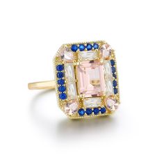 The Sapphire Morganite 1930s style Cocktail ring features lab created Morganite, Sapphire & White Topaz gemstones on a vintage rectangle setting. Art deco inspired, she makes a statement with a mix of fancy gemstone cuts; baguettes, pear cut, emerald cut. The setting is comfortable, low profile and sits flush to the finger. Get ready for compliments! Lab Created Gemstones: Morganite, Sapphire & White Topaz Metal: 14k Gold Vermeil (Sterling Silver base) Dimensions: 18mm x 15mm Band Width: 1.8mm H Art Deco Cocktail, Jewelry Studio, Art Deco Inspired, Topaz Gemstone, Dream Jewelry, Pear Cut, Perfect Ring, White Topaz, Cocktail Ring