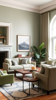 Sage Green Living Rooms Color Combinations Moss Green Living Room Ideas, Living Room Green Brown, Sage Green And White Living Room, Sage Green And Black Living Room, Green And Wood Living Room, Layered Area Rugs, Green Living Room Paint, Room Ideas Color, Minimalist Bohemian Living Room