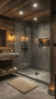 Stacked Stone Bathroom, Dark Industrial Bathroom, Rainshower Bathroom Ideas, Small Bathroom Ideas Dark, Slate Shower Ideas, Grey And Wood Bathroom Ideas, Bad Industrial, Wood Ceiling Bathroom, House Inspiration Interior