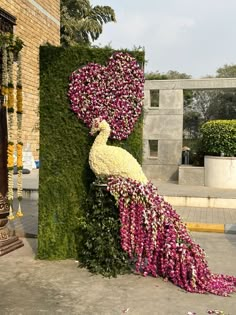 a peacock made out of flowers on the side of a building