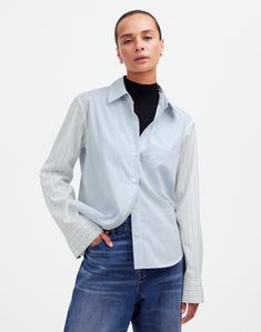 Regular fit. Hip length: designed to hit at high hip or below; tuckable. Body length from high point of shoulder: 26 1/4'. 100% cotton. Machine wash. Imported. Weave Fabric, High Hips, High Point, Plain Weave, 100 Percent, Hip Length, Striped Shirt, Woven Fabric, Madewell