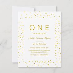 a white and gold birthday party card with confetti on the front, one in a million